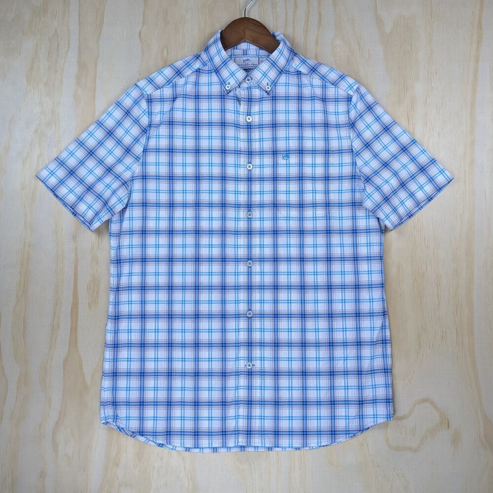 Southern Tide Men's Small Intercoastal Short Sleeve Button Down Plaid Shirt Blue